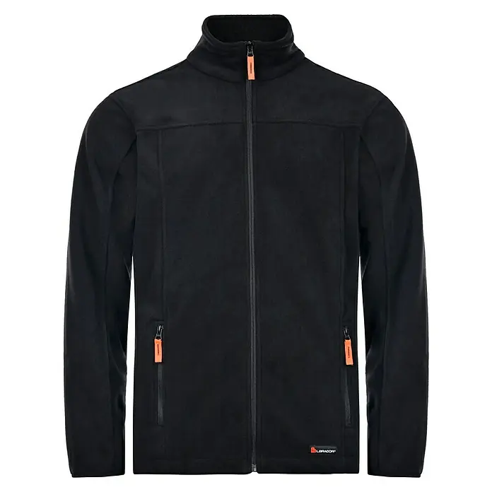 L.Brador Fleecejacke 687 P - Schwarz, 100 % Polyester, L - Schwarze Fleecejacke mit durchgehendem Reißverschluss und orangen Akzenten für zusätzlichen Stil und Funktionalität.