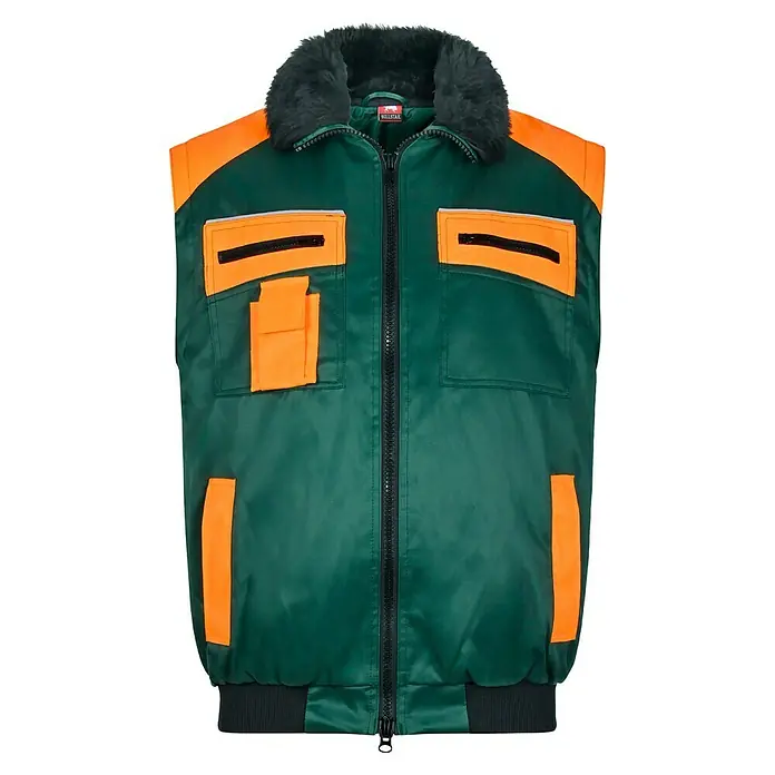 Forstblouson 4in1 - Grün/Orange, XXL - Grüne und orangefarbene Arbeitsweste mit Reißverschluss und Pelzkragen.