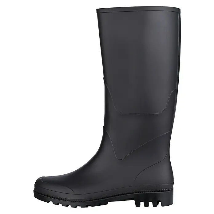 Sicherheitsstiefel - Schuhgröße: 41, Kniehoch - Schwarzer Gummistiefel mit strukturierter Sohle. Ideal für regnerische Tage und Outdoor-Aktivitäten, um die Füße trocken zu halten.