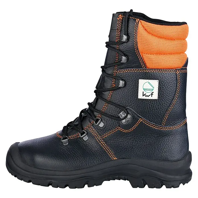 Stabilus Sicherheitsstiefel - 46, Orange/Schwarz - Stiefel: Ein schwarzer Lederstiefel mit orangefarbenem Akzent und Schnürsenkeln, ideal für anspruchsvolle Arbeitsbedingungen.