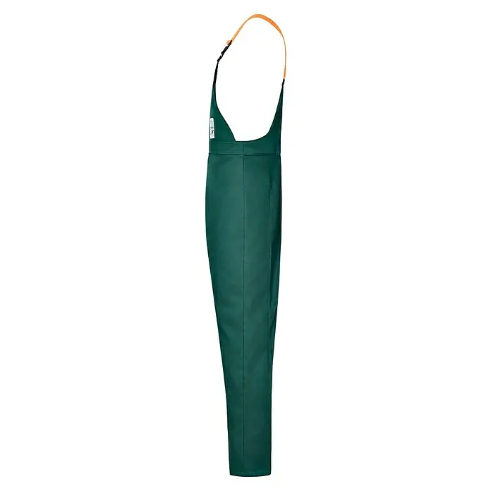 Latzhose - L, Grün/Orange - Hier ist eine grüne Latzhose mit einem orangefarbenen Riemen, ideal für Schutz bei Arbeiten im Freien oder bei anspruchsvollen Aufgaben.