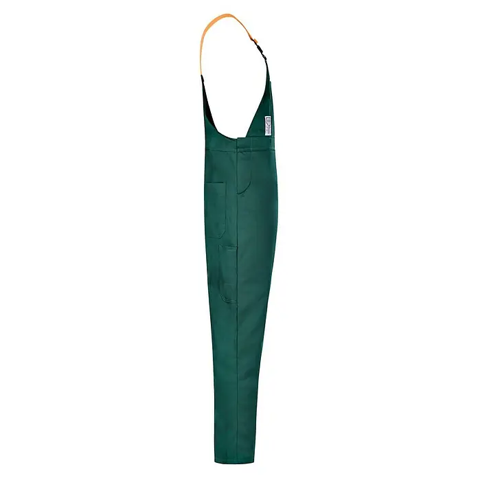 Latzhose - L, Grün/Orange - Grüne Arbeitshose mit orangefarbenen Trägern, ideal für Schutz und Komfort bei der Arbeit. Langlebiges Material für den täglichen Einsatz.