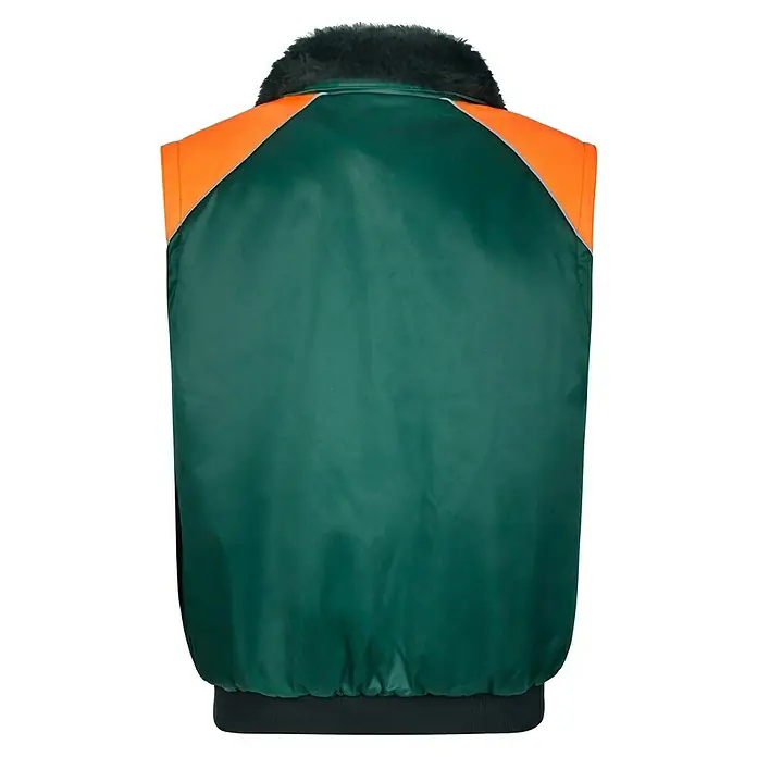 Forstblouson 4in1 - Grün/Orange, XXL - Rückansicht einer grünen Sicherheitsweste mit orangefarbenen Schultern und einem warmen, flauschigen Kragen für gute Sichtbarkeit.