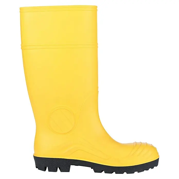 Sicherheitsstiefel - Schuhgröße: 43, S5 - Ein gelber Gummistiefel mit schwarzer Sohle, ideal für Schutz und Komfort bei der Arbeit oder in der Freizeit.