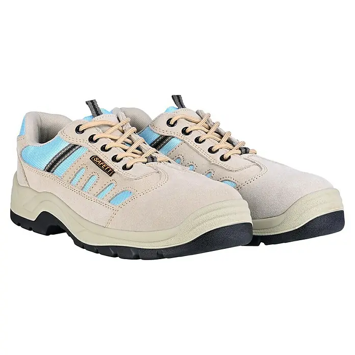 Sicherheitshalbschuh Runner - Schuhgröße: 45, S1P - Bequeme und schützende hellbeige Sicherheitsschuhe mit blauen Akzenten und Schnürsenkeln für zuverlässigen Halt und Komfort.