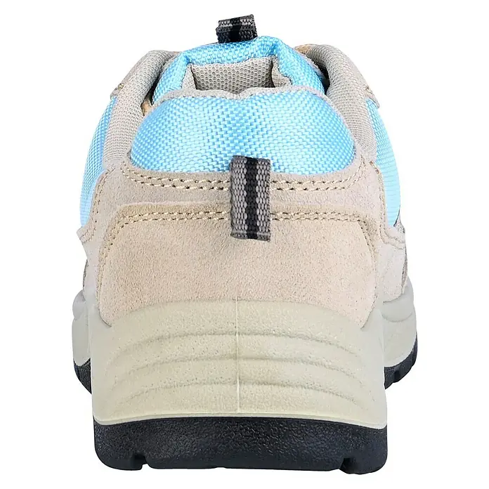 Sicherheitshalbschuh Runner - Schuhgröße: 45, S1P - Rückansicht eines beigen Wanderschuhs mit blauen Akzenten. Der Schuh hat eine robuste Sohle und ist ideal für Outdoor-Aktivitäten.