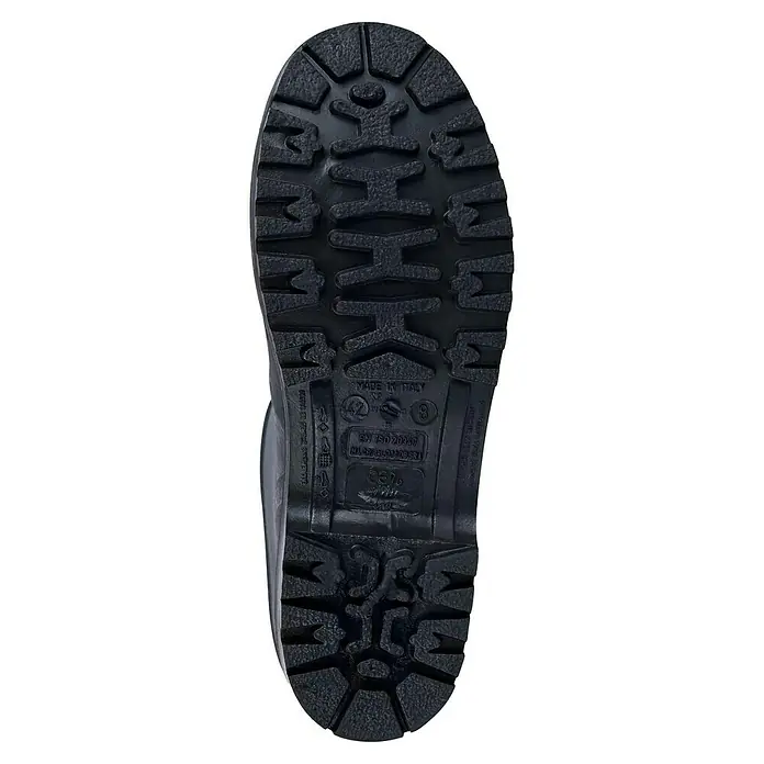 Sicherheitsstiefel - Schuhgröße: 41, Wadenhoch - Nahaufnahme der Sohle eines schwarzen Stiefels. Diese Sohle wurde mit verschiedenen Griffmustern für optimalen Halt entworfen.