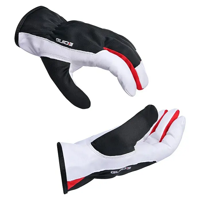 Guide Arbeitshandschuhe 5161 PP - Weiß/Schwarz, 10 - Das Bild zeigt ein Paar Guide-Handschuhe, die sich durch ihr Design mit Weiß, Schwarz und Rot auszeichnen. Sie sind ideal für Arbeiten im Freien.
