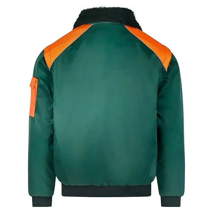 Forstblouson 4in1 - Grün/Orange, XXL - Rückansicht einer grünen Bomberjacke mit orangefarbenen Schultern und Kragen. Der Kragen ist mit einem dunklen Pelz versehen.