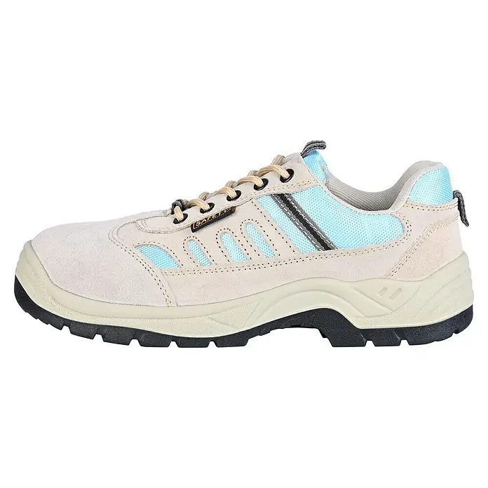 Sicherheitshalbschuh Runner - Schuhgröße: 45, S1P - Beiger Sicherheitsschuh mit hellblauen Akzenten und einer robusten Sohle für sicheren Halt bei der Arbeit.