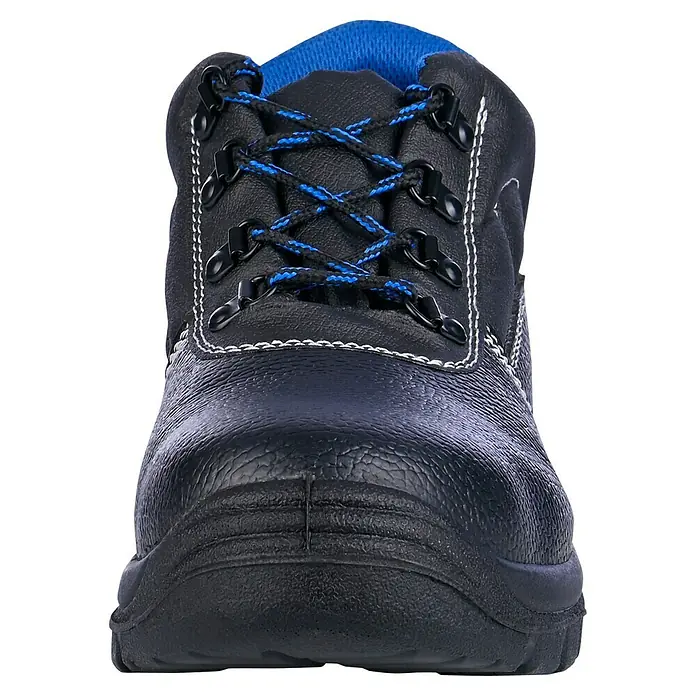 Sicherheitsstiefel Bob - Schuhgröße: 41, S3 - Ein robuster schwarzer Sicherheitsschuh mit blauen Schnürsenkeln und verstärkter Spitze bietet optimalen Schutz bei der Arbeit.