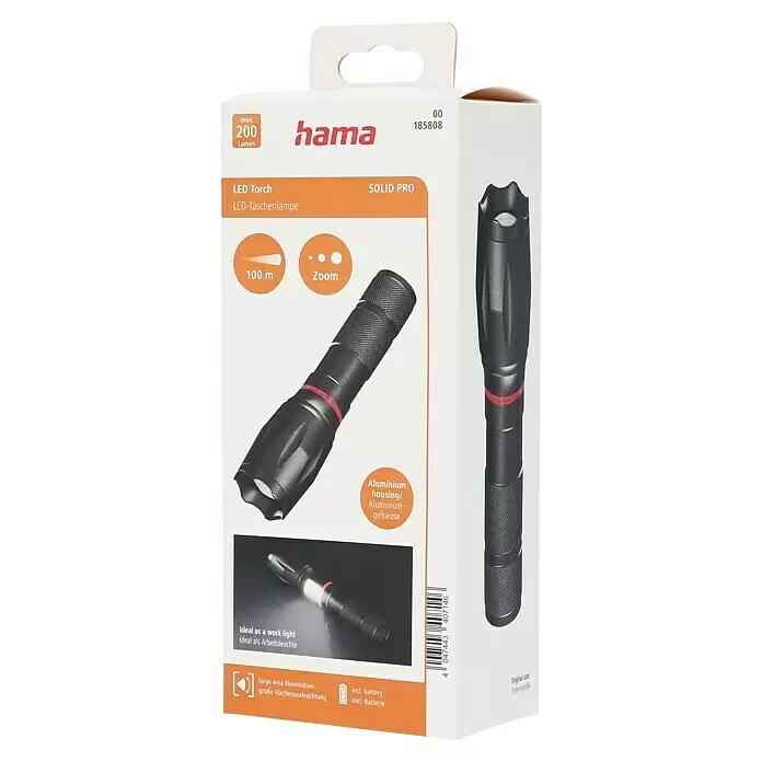 Hama Taschenlampe Solid Pro - 200 lm - Schwarze Hama Solid Pro LED-Taschenlampe mit Aluminiumgehäuse, mit Merkmalen auf der Verkaufsverpackung.