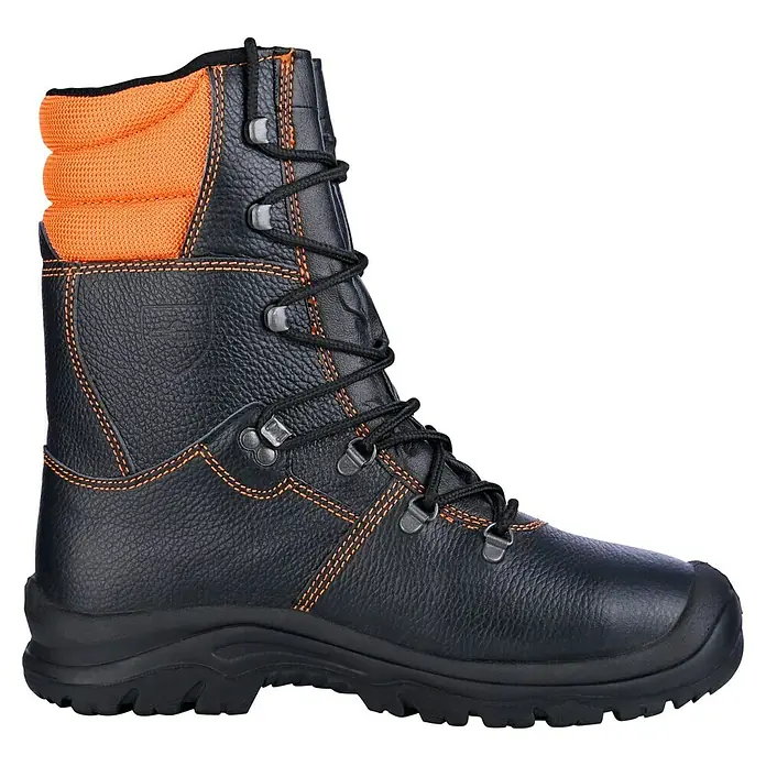 Stabilus Sicherheitsstiefel - 46, Orange/Schwarz - Schwarzer Lederstiefel mit Schnürung und orangefarbenem Schaftabschluss für optimalen Halt und Komfort bei der Arbeit.