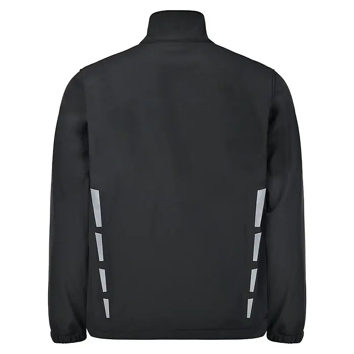 L.Brador Softshell-Jacke 554 P - Schwarz, XS - Rückansicht einer schwarzen Softshelljacke mit reflektierenden Details an den Ärmeln für bessere Sichtbarkeit. Ideal für Outdoor-Aktivitäten.