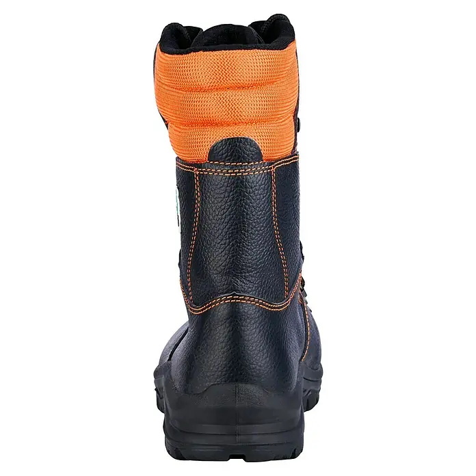 Stabilus Sicherheitsstiefel - 46, Orange/Schwarz - Rückansicht eines schwarzen Arbeitsstiefels mit orangefarbenem Schaft, der robust und schützend wirkt.
