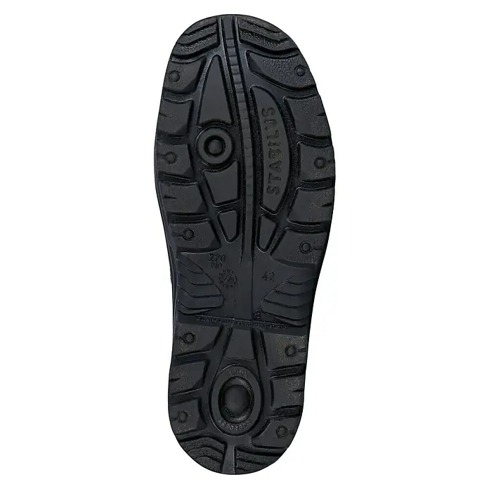 Stabilus Sicherheitsstiefel - 46, Orange/Schwarz - Sohle eines schwarzen Stablus-Schuhs mit gutem Profil und stoßdämpfender Technologie für Komfort und Sicherheit auf verschiedenen Oberflächen.