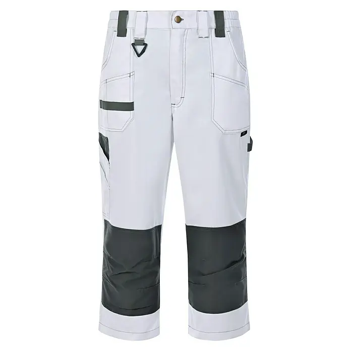 Arbeitshose Piratenhose - Herren, M, Weiß - Weiße Dreiviertel-Arbeitshose mit grauen Knieverstärkungen, ideal für Handwerker. Robuste Materialien für den täglichen Einsatz.
