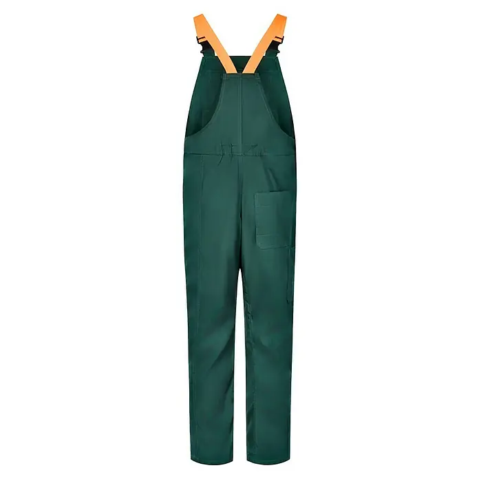 Latzhose - L, Grün/Orange - Grüne Arbeitshose mit orangefarbenen Trägern. Strapazierfähige Hose mit mehreren Taschen für den täglichen Gebrauch. Ideal für Arbeit und Freizeit.
