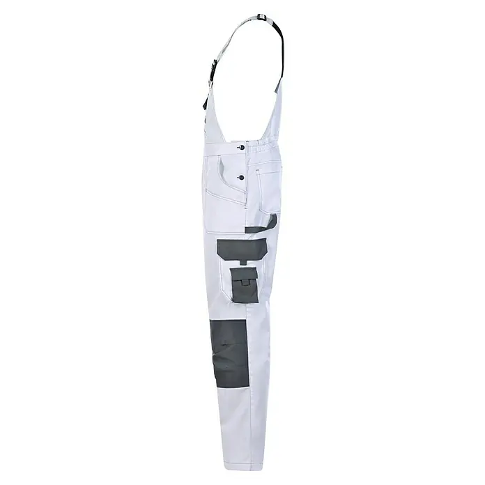 Latzhose - Herren, XL, Weiß - Weiße Arbeitshose mit grauen Verstärkungen. Die Hose ist mit praktischen Taschen und verstellbaren Trägern ausgestattet für Komfort und Funktionalität.