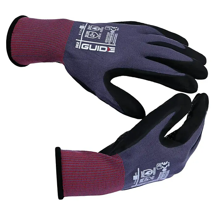 Guide Arbeitshandschuhe 582 - Grau/Schwarz, 7 - Ein Paar GUIDE 582 Arbeitshandschuhe mit Strickbund, blauer Handfläche und schwarzen Fingerspitzen.
