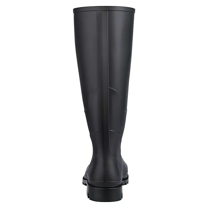 Sicherheitsstiefel - Schuhgröße: 41, Kniehoch - Blick von hinten auf einen schwarzen, kniehohen Gummistiefel mit dicker, geriffelter Sohle, der sowohl praktisch als auch modisch ist.