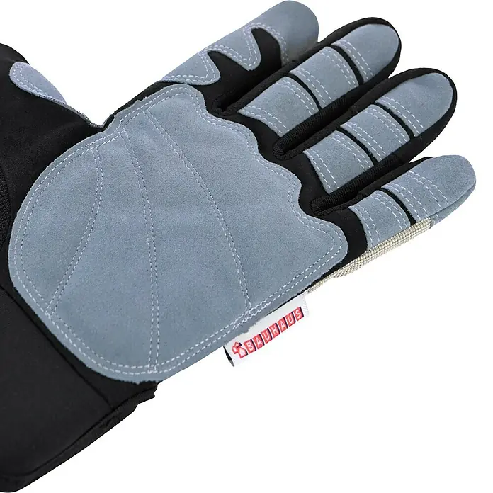 Wisent Arbeitshandschuhe Wood Worker - Handschuhgröße: 10, Beige/Grau - Detailaufnahme eines Bauhaus-Arbeitshandschuhs mit verstärkter Handfläche und Fingerschutz für erhöhte Sicherheit und Komfort.