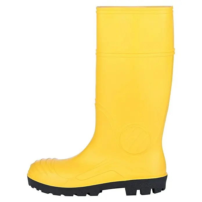 Sicherheitsstiefel - Schuhgröße: 43, S5 - Gelber Gummistiefel mit schwarzer Sohle. Ideal für Arbeiten im Freien oder bei feuchten Bedingungen.