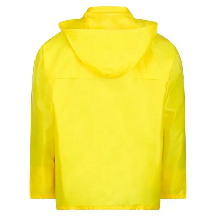 Regenjacke - M, 100% Polyester - Rückansicht einer gelben Regenjacke mit Kapuze. Die Jacke ist wasserabweisend und schützt vor schlechtem Wetter.