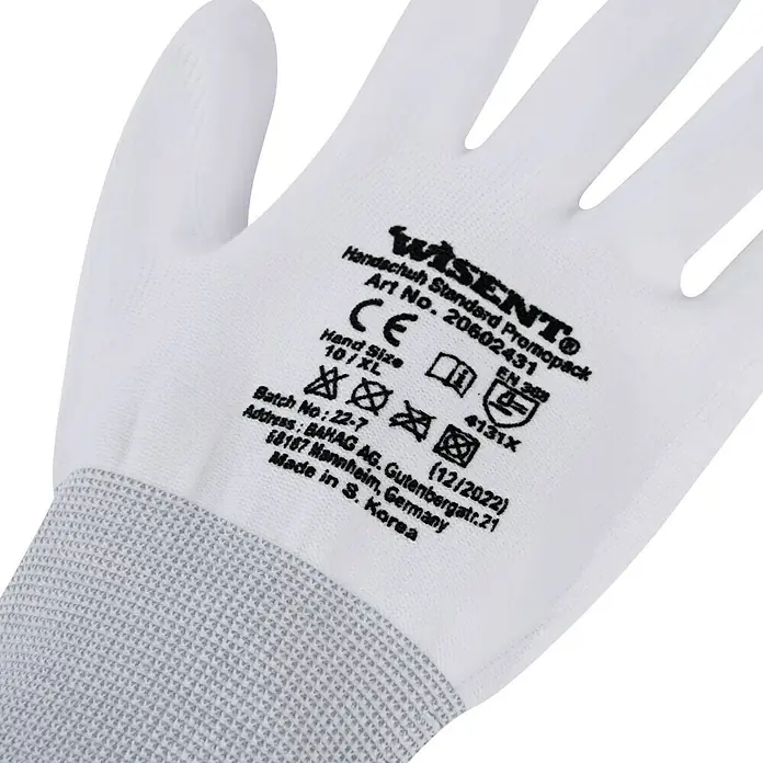 Wisent Arbeitshandschuhe - Weiß, 9 - Nahaufnahme eines weißen Wisento Handschuhs mit Größenangabe und Produktdetails, ideal für Schutz bei verschiedenen Arbeiten.
