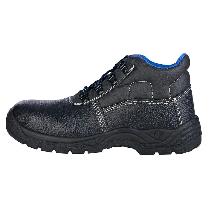 Sicherheitsstiefel Bob - Schuhgröße: 41, S3 - Ein schwarzer Sicherheitsschuh mit blauen Schnürsenkeln und weißer Naht. Geeignet für den Einsatz in gefährlichen Arbeitsumgebungen.