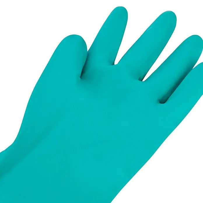 Guide Arbeitshandschuhe 4011 - Grün, 11 - Nahaufnahme eines türkisfarbenen Gummihandschuhs, ideal für Reinigungsarbeiten und zum Schutz der Hände vor Chemikalien.