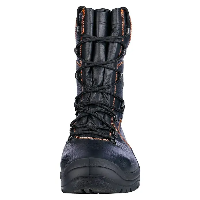 Stabilus Sicherheitsstiefel - 46, Orange/Schwarz - Nahaufnahme eines schwarzen Lederstiefels mit orangefarbenen Nähten und Schnürsenkeln, ideal für Arbeit oder Outdoor-Aktivitäten.