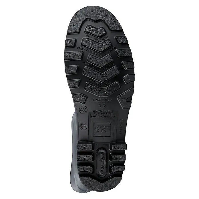 Sicherheitsstiefel - Schuhgröße: 41, Kniehoch - Nahaufnahme der Sohle eines schwarzen Arbeitsstiefels mit rutschfestem Profil und der Aufschrift "Made in Italy".