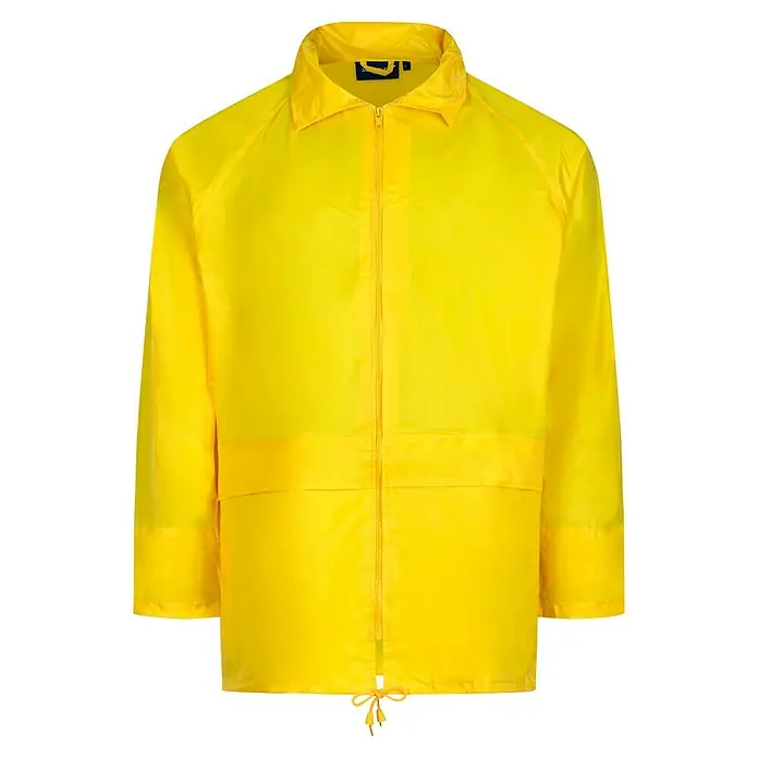 Regenbekleidung - L, Gelb - Gelbe Regenjacke mit Reißverschluss und Kapuze, ideal für schlechtes Wetter. Schützt vor Regen und Wind, perfekt für Outdoor-Aktivitäten.