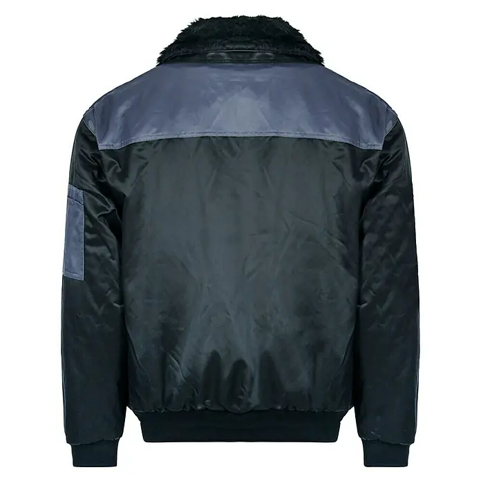 Elutex Piloten-Blouson 4in1 - Schwarz/Grau, M - Rückansicht einer Bomberjacke mit Kragen aus Kunstfell und marineblauen Akzenten an Schultern und Ärmel.
