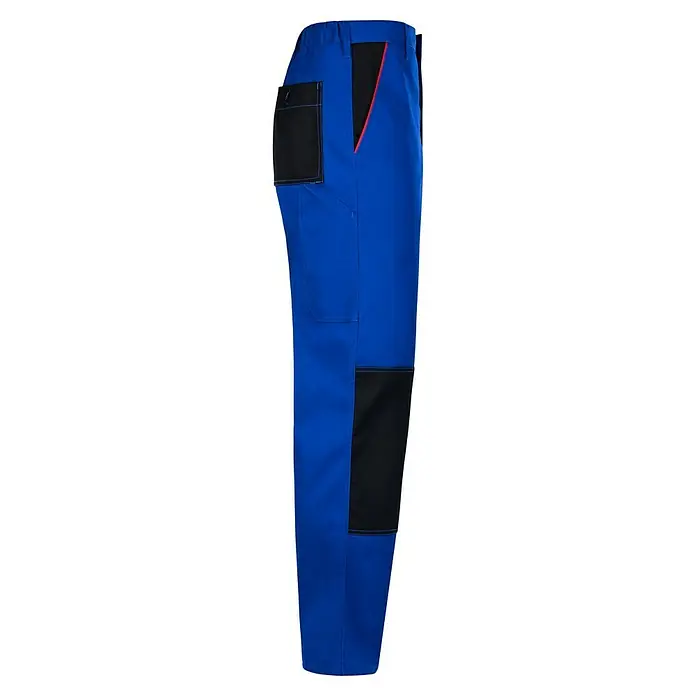 Arbeitshose - L, Kornblau/Schwarz - Blaue Arbeitshose mit schwarzen Verstärkungen und roten Akzenten für zusätzlichen Schutz und Stil bei der Arbeit.