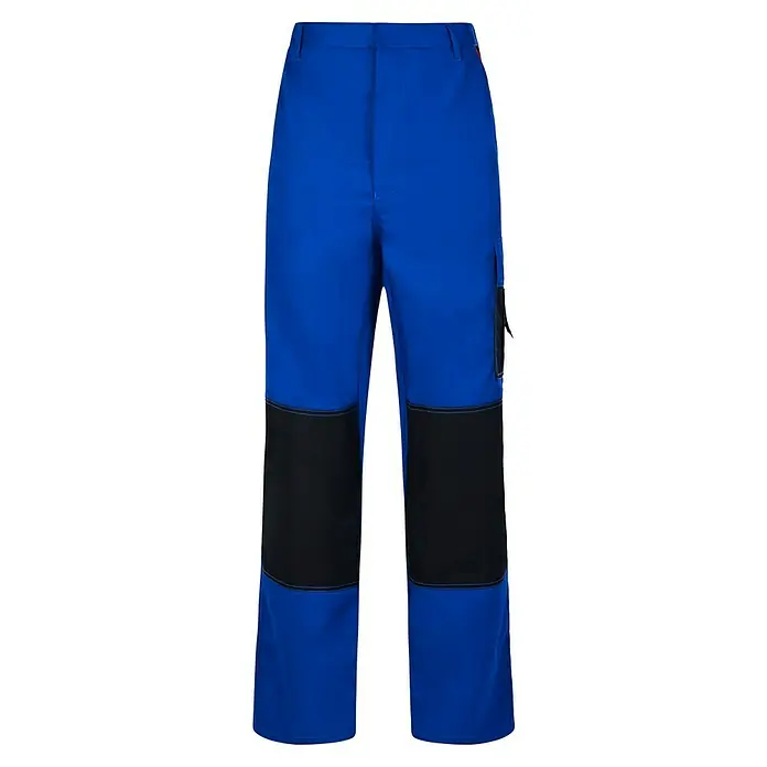 Arbeitshose - L, Kornblau/Schwarz - Blaue Hose mit schwarzen Kniepatches und einer Cargotasche. Diese Hose ist sowohl stilvoll als auch funktional.