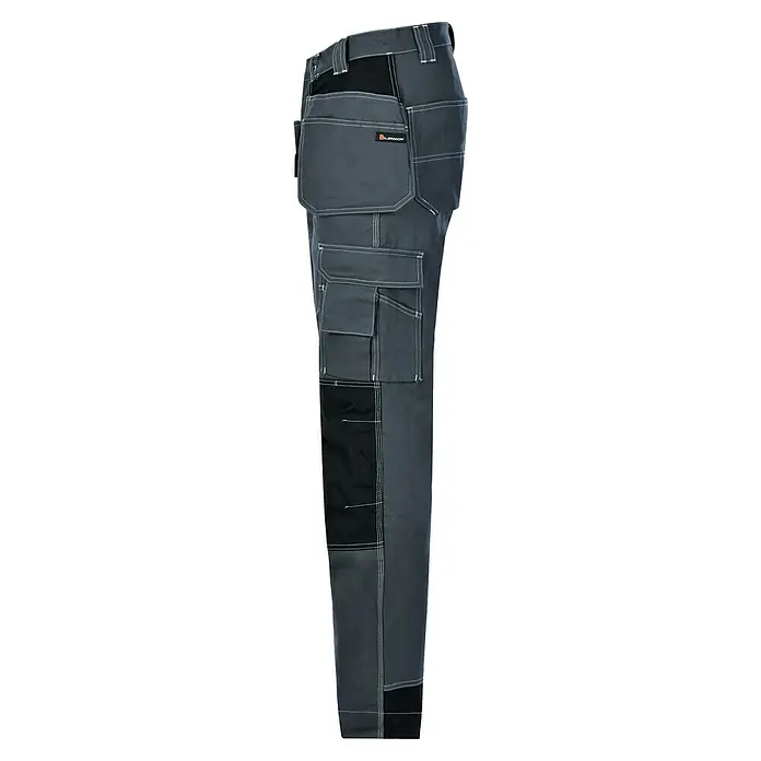 L.Brador Arbeitshose 101 B - 52, Grau - Dunkelgraue Arbeitshose mit verstärkten Kniepartien, zahlreichen Taschen und auffälligen weißen Nähten für den professionellen Einsatz.