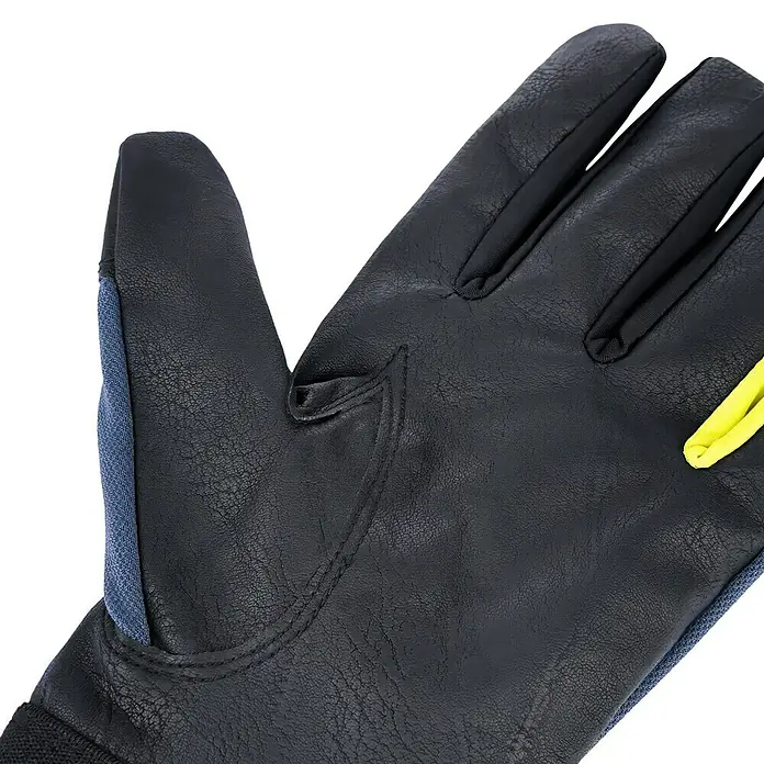 Guide Arbeitshandschuhe 775 W - Schwarz/Grau, 10 - Nahaufnahme eines schwarzen Lederhandschuhs mit blauen und gelben Akzenten, der die Textur und das Design hervorhebt.
