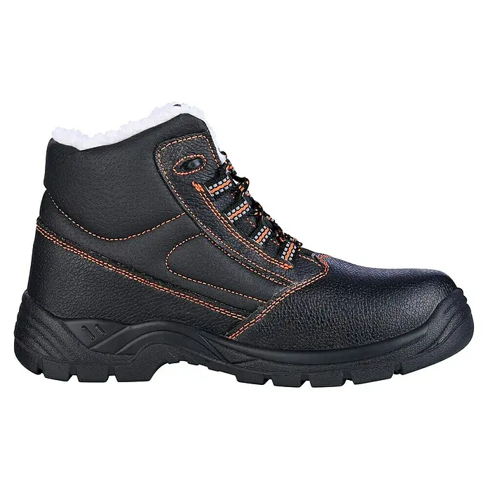 Power Safe Winterstiefel Olaf - Schuhgröße: 41 - Schwarzer Winterstiefel mit orangefarbenen Nähten und weißen Futter für Wärme und Komfort bei kaltem Wetter.