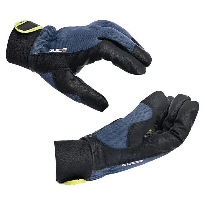 Guide Arbeitshandschuhe 775 W - Schwarz/Grau, 10 - Zwei blaue Guide-Arbeitshandschuhe mit schwarzen Lederdetails werden auf einem schwarzen Hintergrund präsentiert.