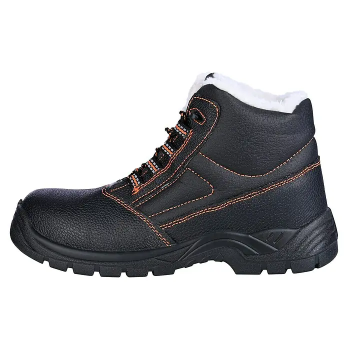 Power Safe Winterstiefel Olaf - Schuhgröße: 41 - Schwarzer Winterstiefel mit orangefarbenen Nähten und Schnürsenkeln, gefüttert mit weißem Fell für Wärme und Komfort an kalten Tagen.