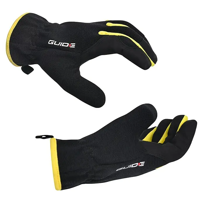 Guide Arbeitshandschuhe 765 - Schwarz/Gelb, 8 - Zwei schwarze Guide-Handschuhe mit gelben Akzenten, ideal für Schutz und Komfort bei Arbeiten im Freien oder bei Outdoor-Aktivitäten.
