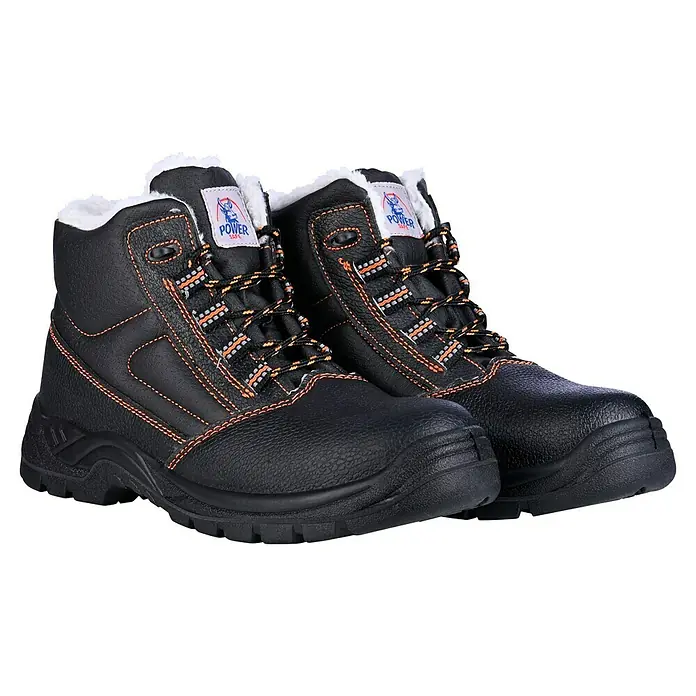 Power Safe Sicherheitsstiefel Olaf - Schuhgröße: 41 - Ein Paar schwarze Power Safe Winterstiefel mit orangefarbenen Nähten und flauschigem Innenfutter. Robuste und warme Arbeitsstiefel.