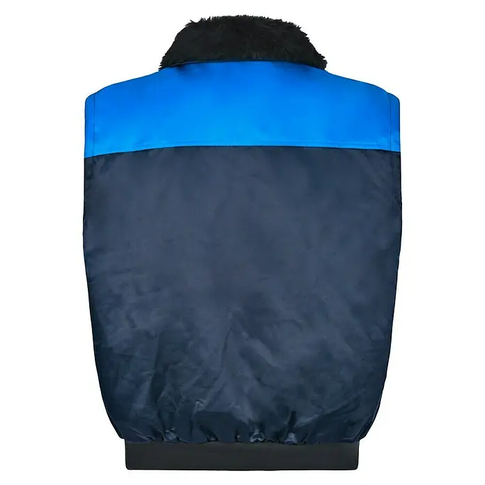 Elutex Piloten-Blouson 4in1 - Navy/Royalblau, XXL - Rückansicht einer zweifarbigen Jacke mit blauem oberen Teil, dunklem unteren Teil und flauschigem, dunklem Kragen.