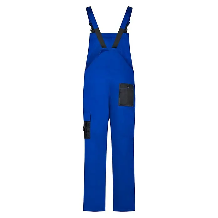 Latzhose - L, Kornblau/Schwarz - Blaue Arbeitshose mit dunklen Taschen und Trägern, ideal für Handwerker und Bauarbeiter, robust und funktionell.