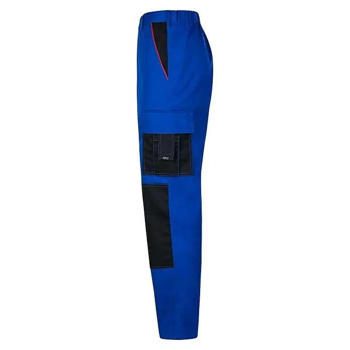 Arbeitshose - L, Kornblau/Schwarz - Detaillierte Ansicht einer blauen Arbeitshose mit Taschen und schwarzen Verstärkungen für den professionellen Einsatz.