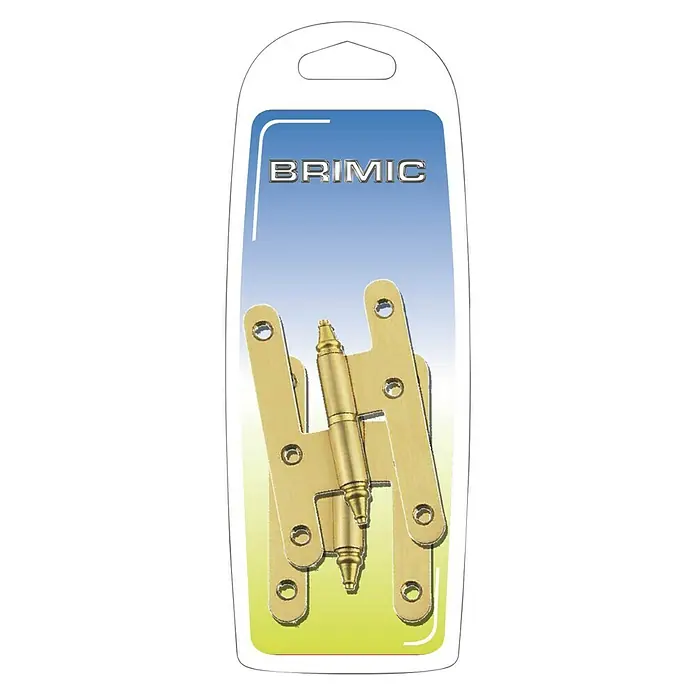 Micel Brimic Pernio bisagra - Izquierda, Oro, An x Al: 58 x 100 mm - Primer plano de una bisagra dorada BRIMIC empaquetada, ideal para reparaciones o proyectos de muebles con estilo.