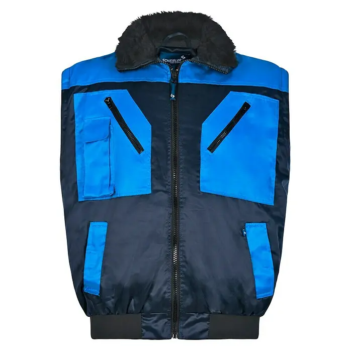 Elutex Piloten-Blouson 4in1 - Navy/Royalblau, XXL - Abbildung einer blauen und dunkelblauen Scheibler-Jacke mit vielen Taschen und einem schwarzen Kragen.