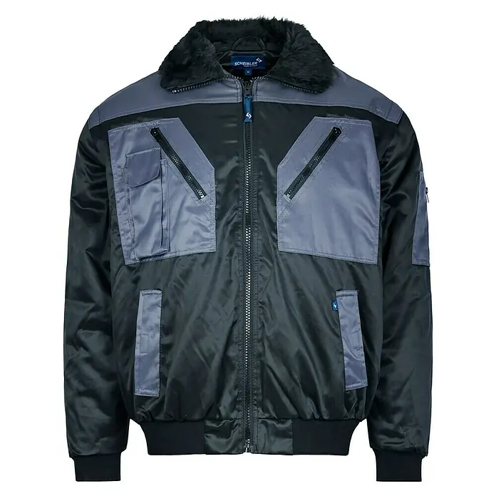 Elutex Piloten-Blouson 4in1 - Schwarz/Grau, M - Schwarze Scheibler-Arbeitsjacke mit aufgesetzten Taschen, Reißverschlüssen und Kragen für Herren.